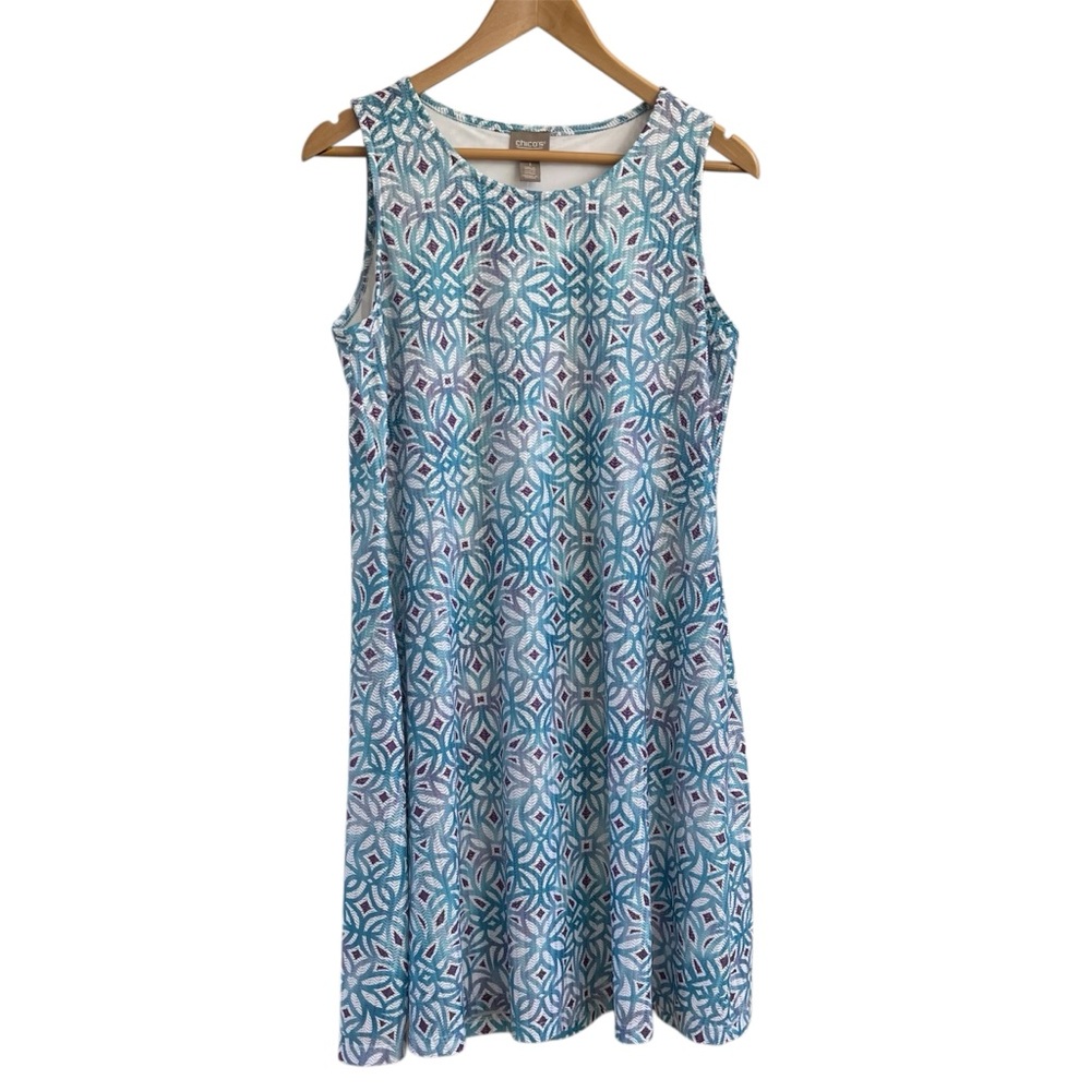 Chico's Travelers Slinky Knit Tank Dress Teal Geometric Midi Size 1 M Cruise